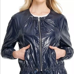 DKNY Womens Faux-Leather Bomber Jacket Blue New